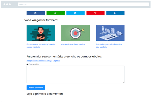 Tema Avenger tem botões de compartilhamento