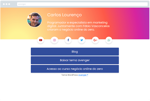 Template WP Avenger possui agregador de links pata bio do instagram